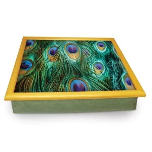 Peacock Feathers cushion lap tray, bold green and purple colours
