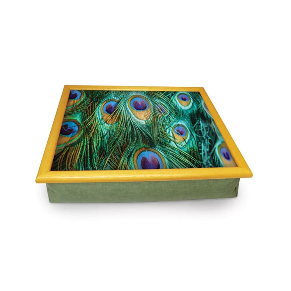 Peacock Feathers cushion lap tray, bold green and purple colours Peacock Feathers cushion lap tray, bold green and purple colours