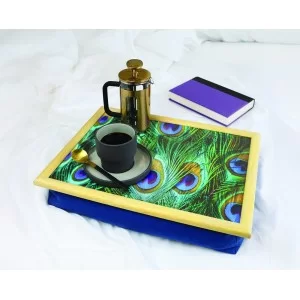 Peacock Feathers cushion lap tray lifestyle with coffee cup