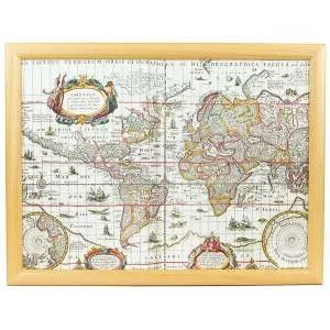 Angled view of Cushioned lap tray with an old antique map of the world design