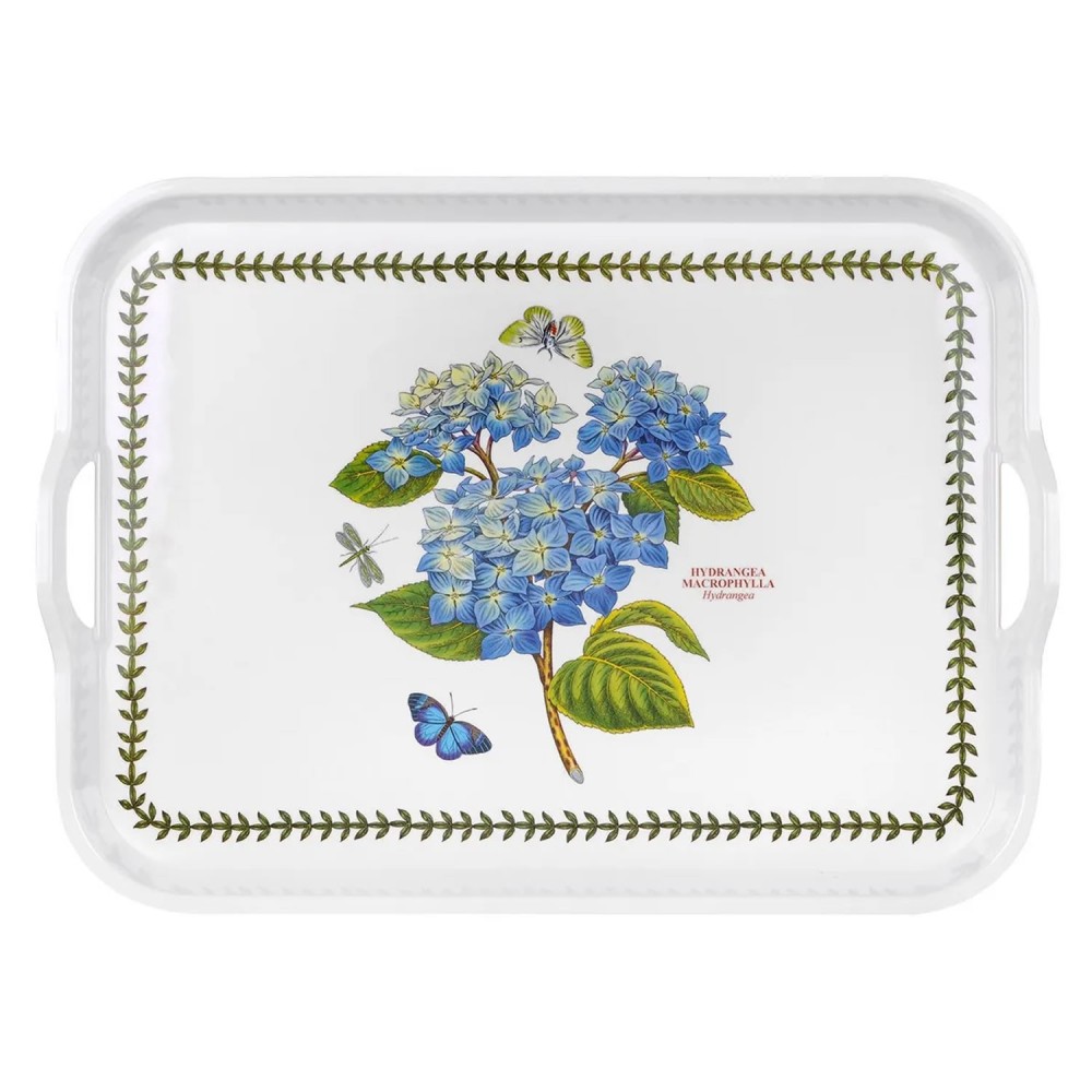 Hydrangea blue floral motif for Botanic Garden large handled tray white background