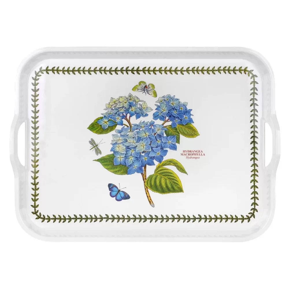 Hydrangea blue floral motif for Botanic Garden large handled tray white background