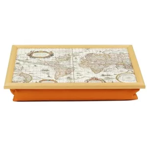 Angled view of Cushioned lap tray with an old antique map of the world design