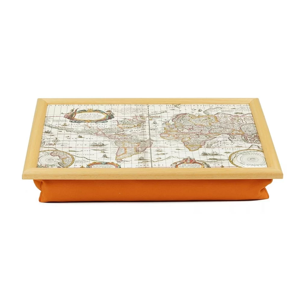 Angled view of Cushioned lap tray with an old antique map of the world design