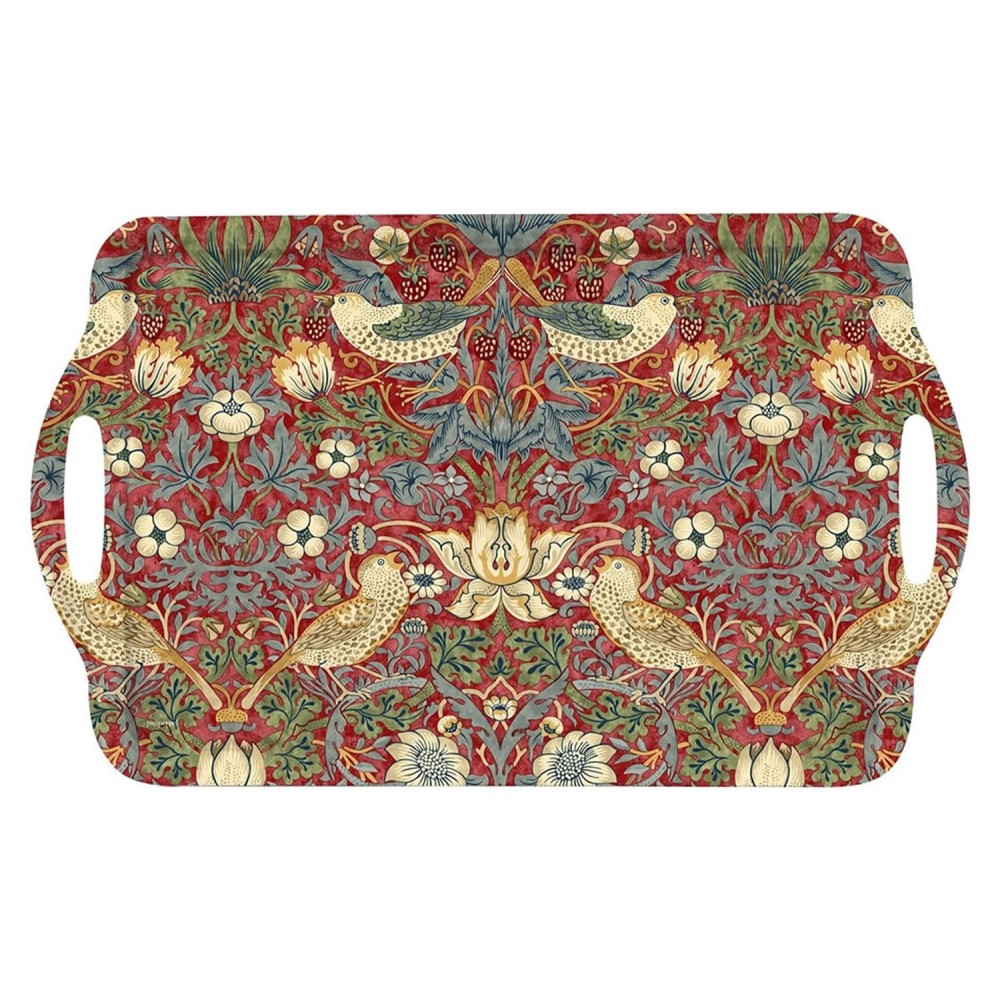 Strawberry Thief red large size serving tray with handles, floral design
