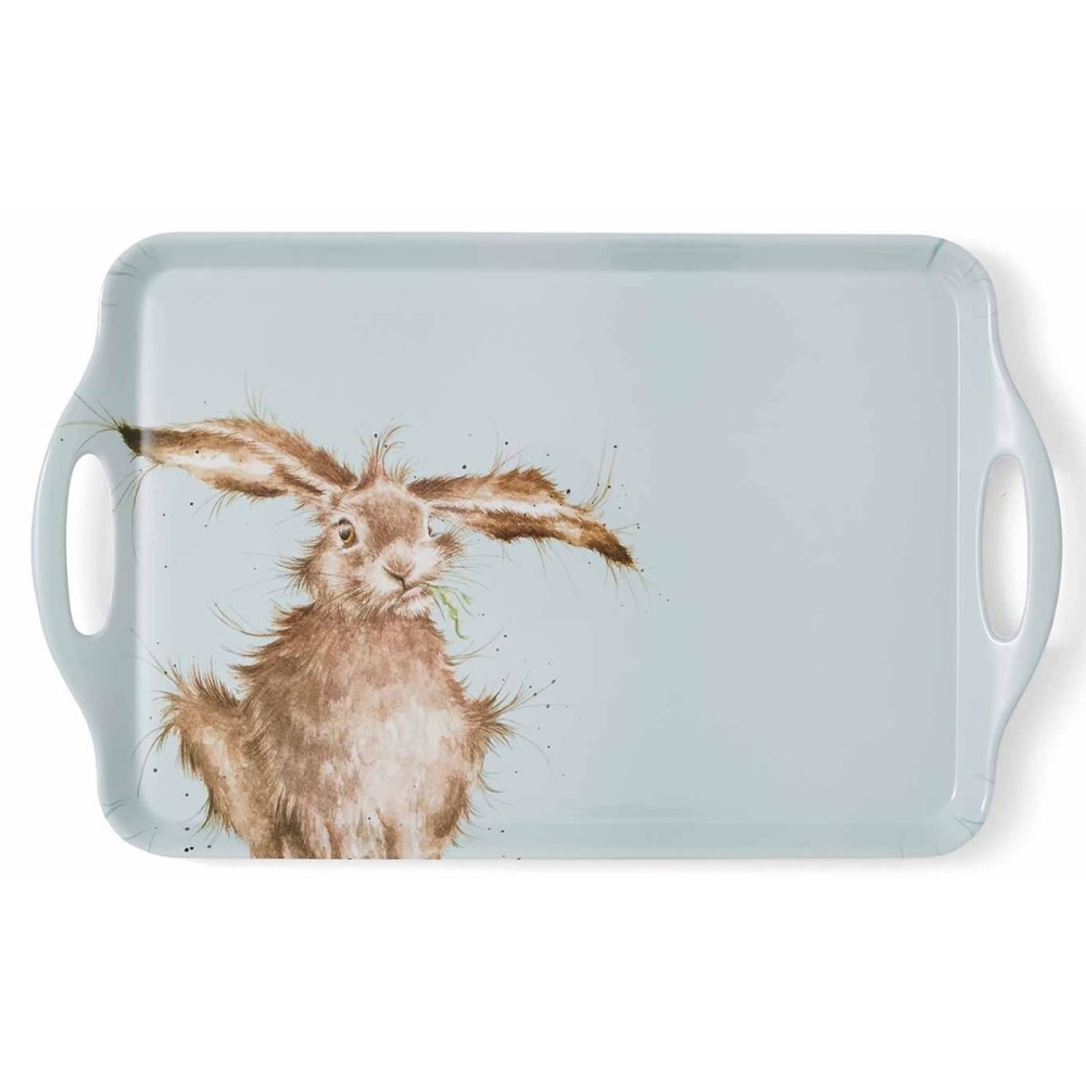 Brown Hare design, Wrendale large size serving tray with handles, blue background