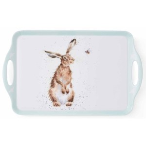 hare looking at a bee, large size serving tray with handles