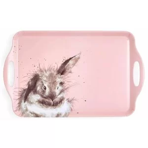 Brown rabbit on a pink background large size Wrendale serving tray with handles