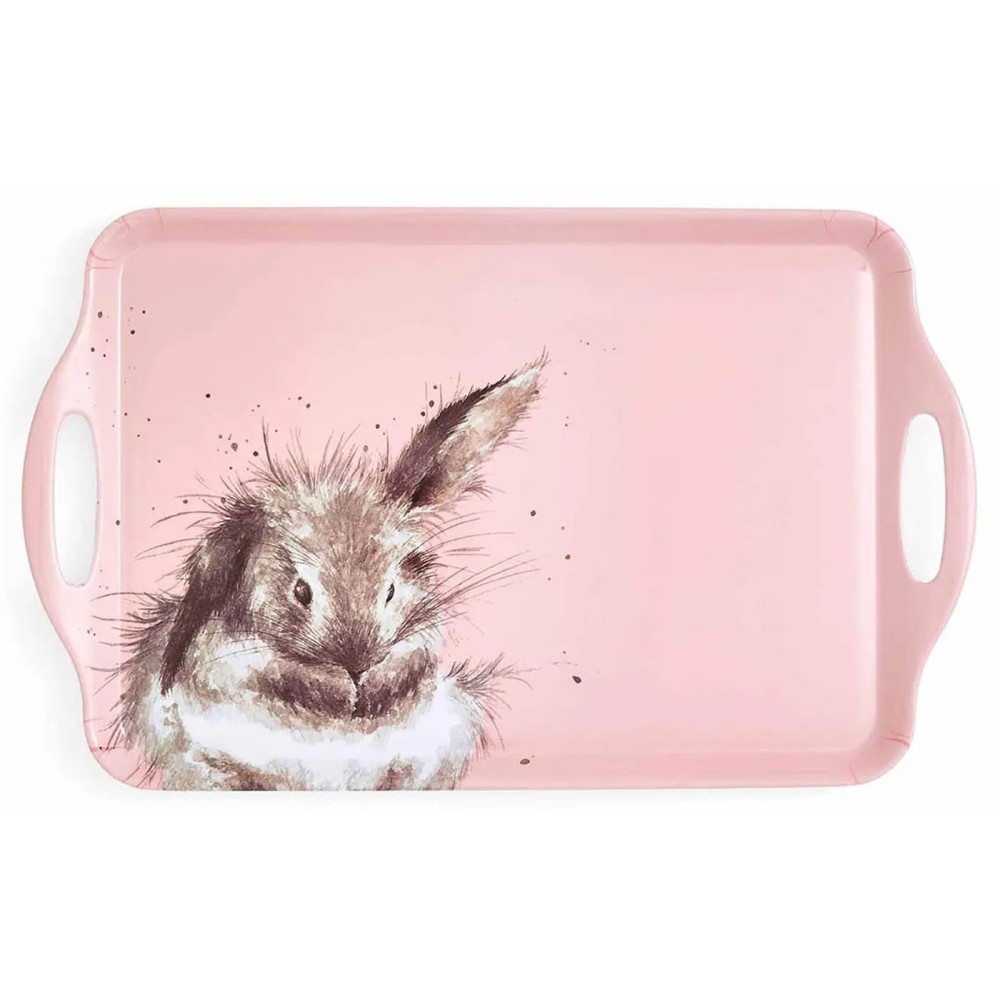 Brown rabbit on a pink background large size Wrendale serving tray with handles