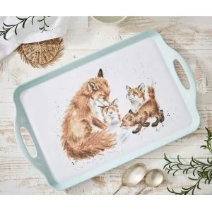 Fox and cubs, Wrendale large size serving tray with handles lifestyle image on table with cutlery