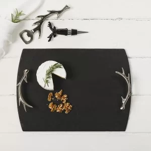 Antler handled slate tray, black, medium lifestyle shot with cheese and walnuts