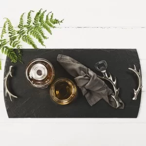 Large size Antler handled slate tray, black, lifestyle image with accessories