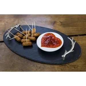 oval slate tray with antler handles, lifestyle shot with canapes