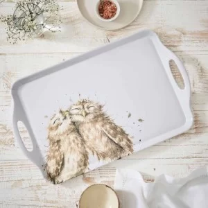 Owls by Wrendale large size serving tray with handles, lifestyle shot on table