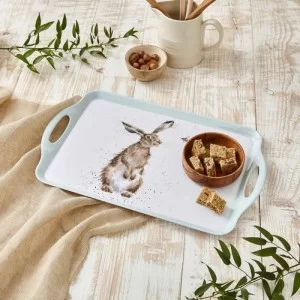 hare and bee, large size serving tray with handles, on wooden table with biscuits.