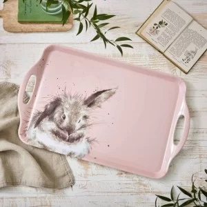Lifestyle view on wooden table of rabbit on a pink background large size Wrendale serving tray with handles