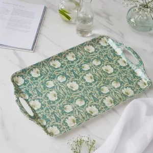 William Morris Pimpernel floral design large size serving tray with handles, lifestyle on table