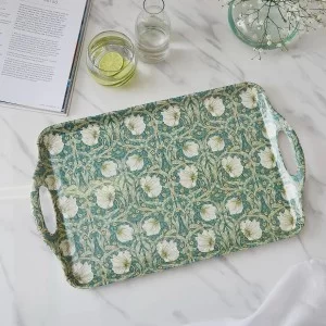 William Morris Pimpernel floral design large size serving tray with handles, lifestyle glasses, water and book view