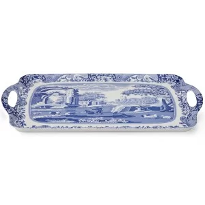 Blue Italian large size serving tray with handles, angled view