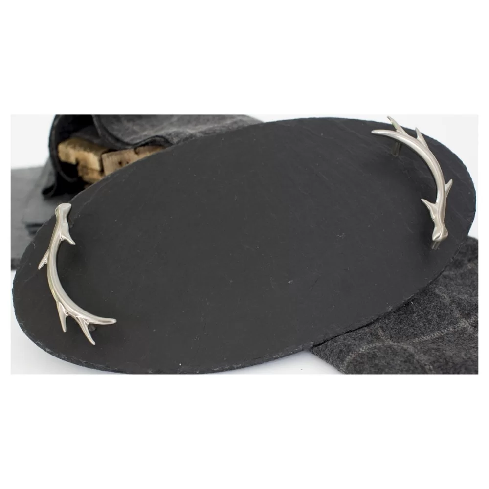 Oval shaped Antler handled slate tray, black by Selbrae House